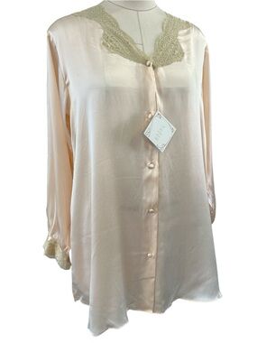 80’s Teresa 100% silk lace blush button down pajama tunic top pink orange small